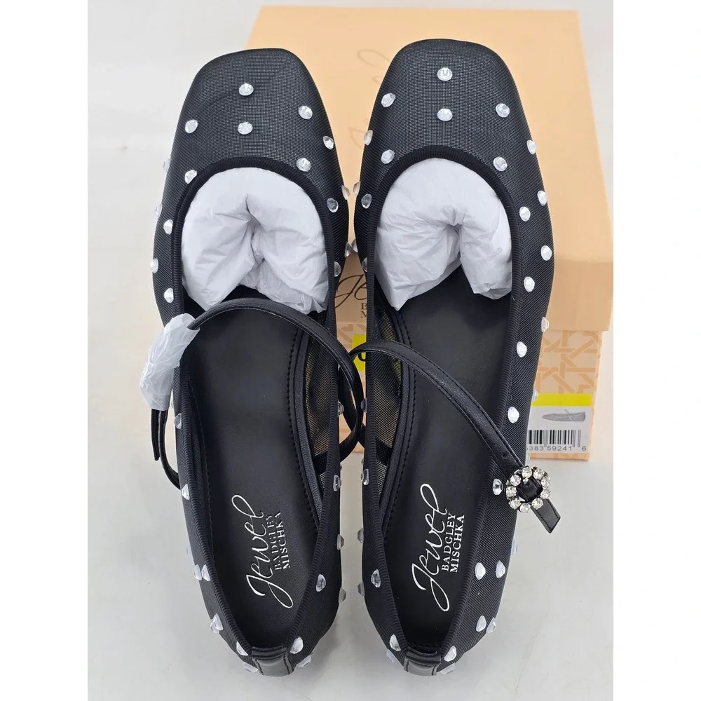 Jewel Badgley Mischka Kaya Flats Womens 7.5 Black Mesh Rhinestone - New